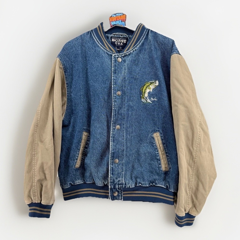 Vintage Boast USA Al Agnew Bass Fishing Denim Varsity Jacket 2XL Embroidered - Picture 2 of 10